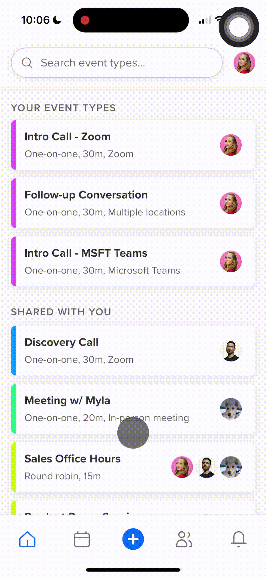 GIF showing the experience of booking a meeting in real-time from the Calendly mobile app. The user chooses an Event Type, selects a time and attendee, and books the meeting.