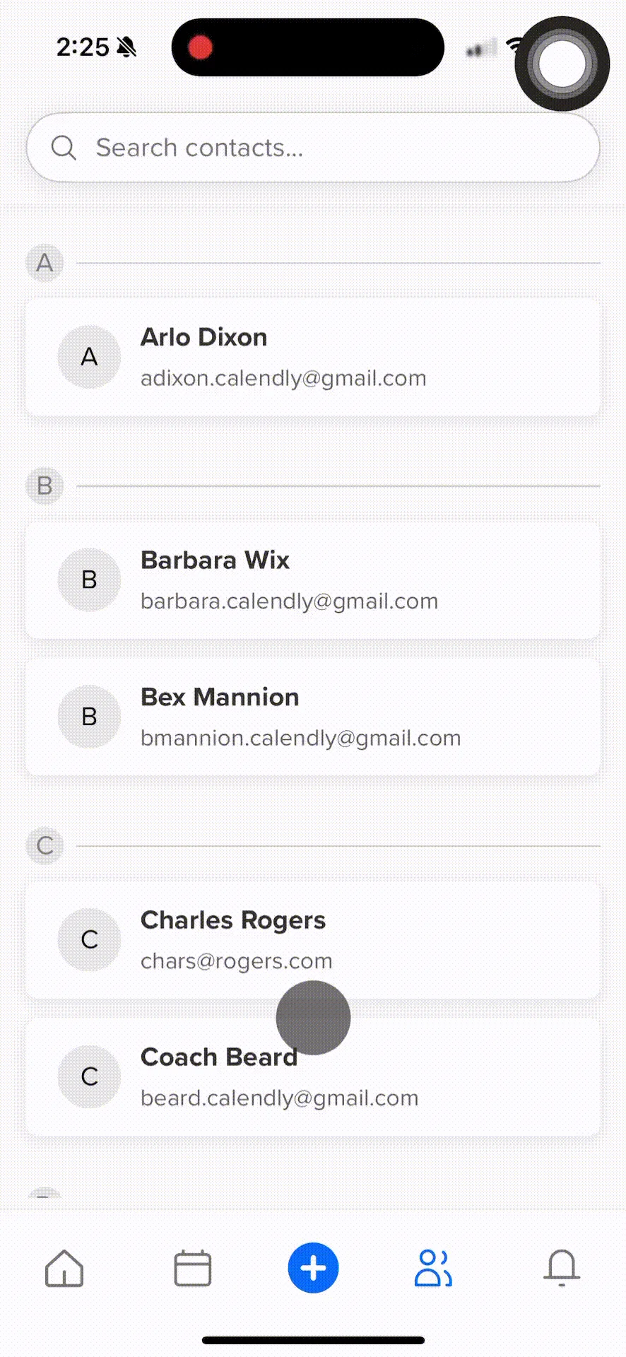 GIF showing the Contacts tab in the Calendly mobile app. The user clicks into a contact and sees contact info and meeting history.