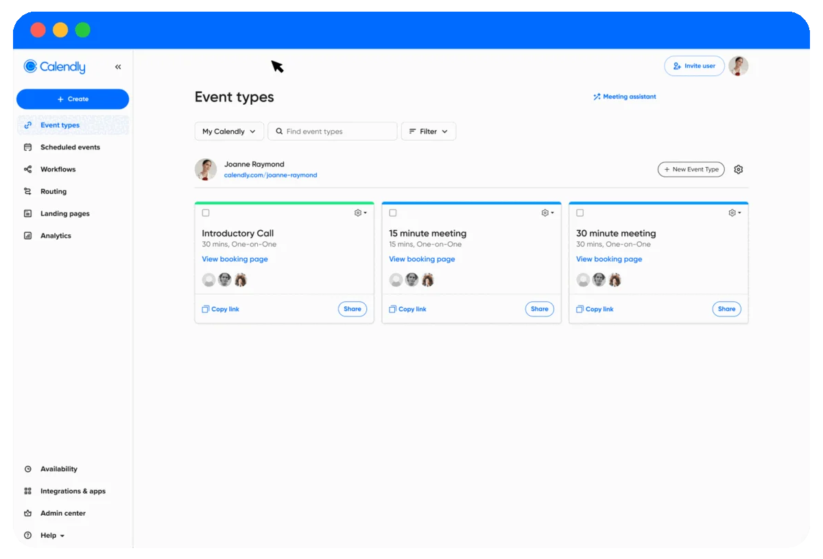GIF showing a user creating a new Event Type from their Calendly home page. The user clicks Create, selects One-on-One, enters the Event Type name, and can instantly preview the Event Type.