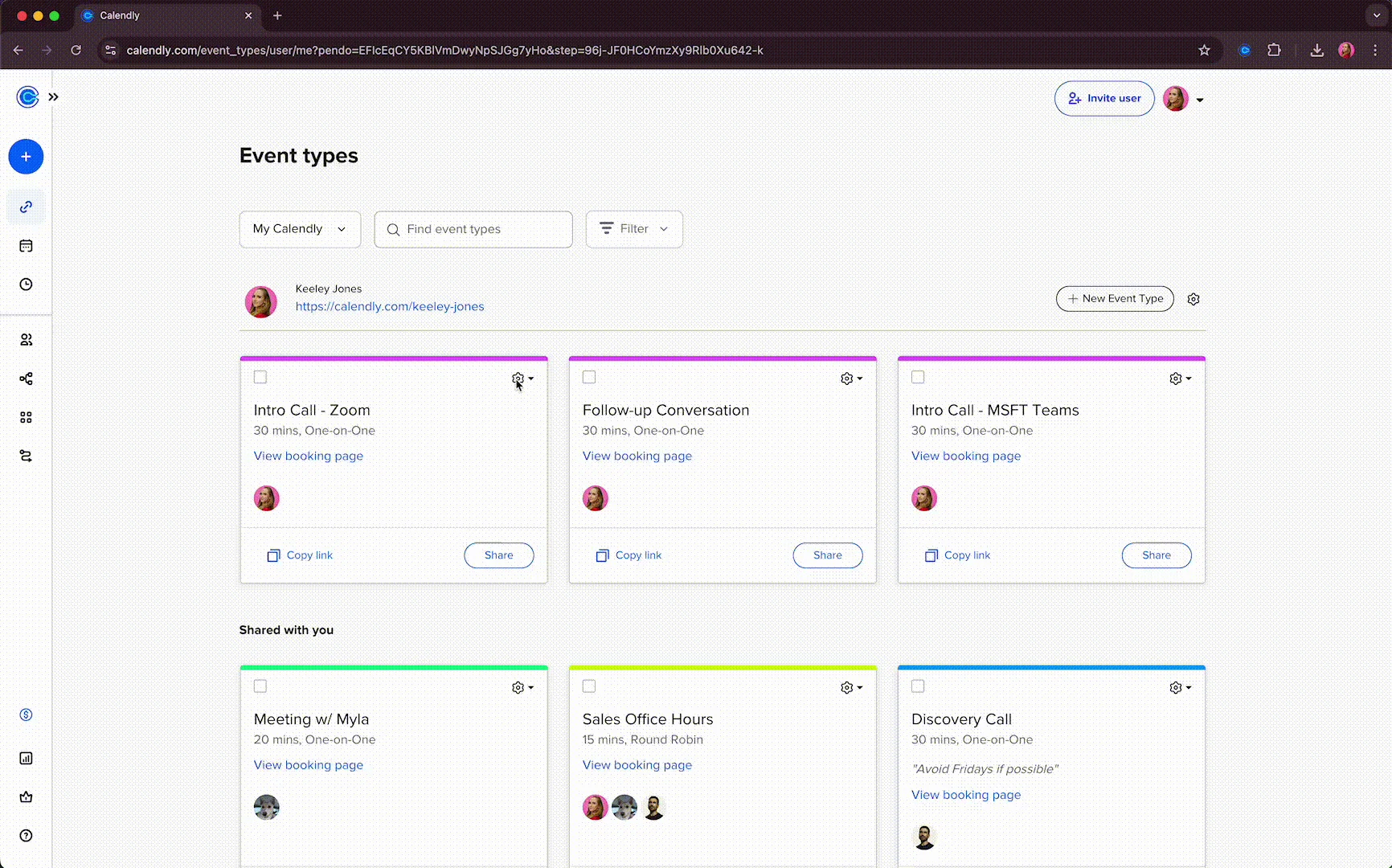 GIF showing how to edit Event Type permissions on Calendly.com, giving teammates “view” or “edit” access to that specific meeting type.