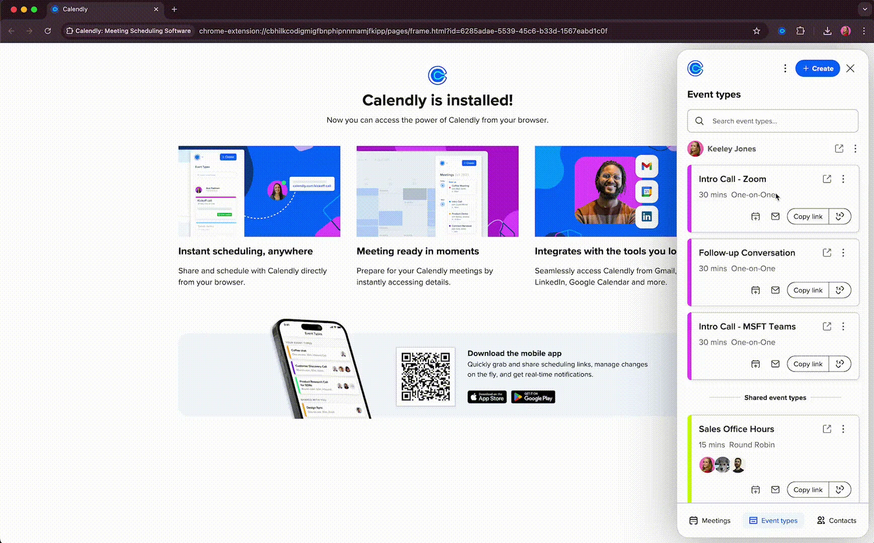GIF showing the Event Type handoff feature in the Calendly browser extension, where the user can schedule an event on behalf of a teammate.
