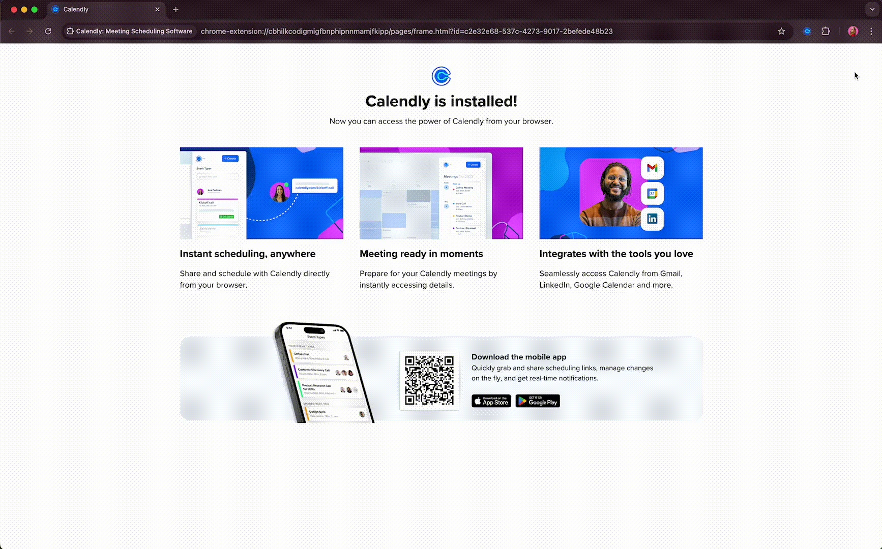 GIF demonstrating how the Meetings tab shows past, current, and future meetings booked through Calendly. You can join an in-progress event or make changes by canceling or rescheduling meetings from this tab. Clicking on a meeting opens a detailed view.