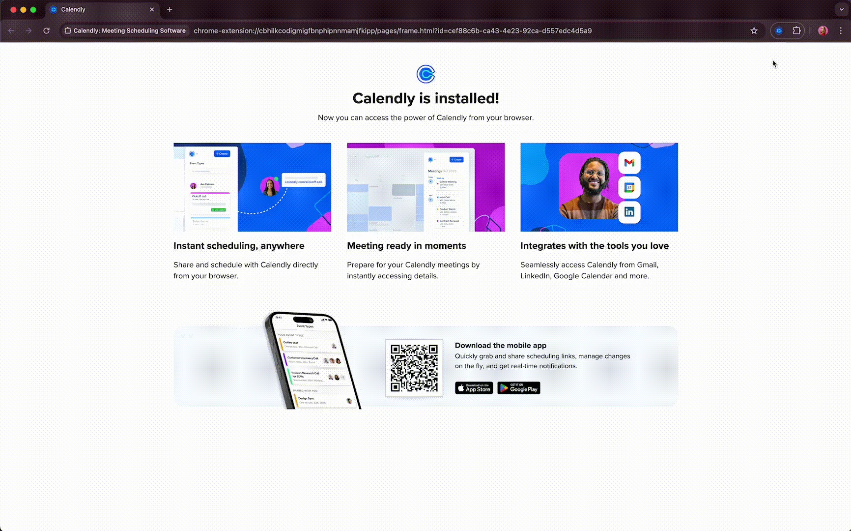 GIF showing someone opening and clicking through the Meetings, Event Types, and Contacts tabs in the Calendly browser extension.