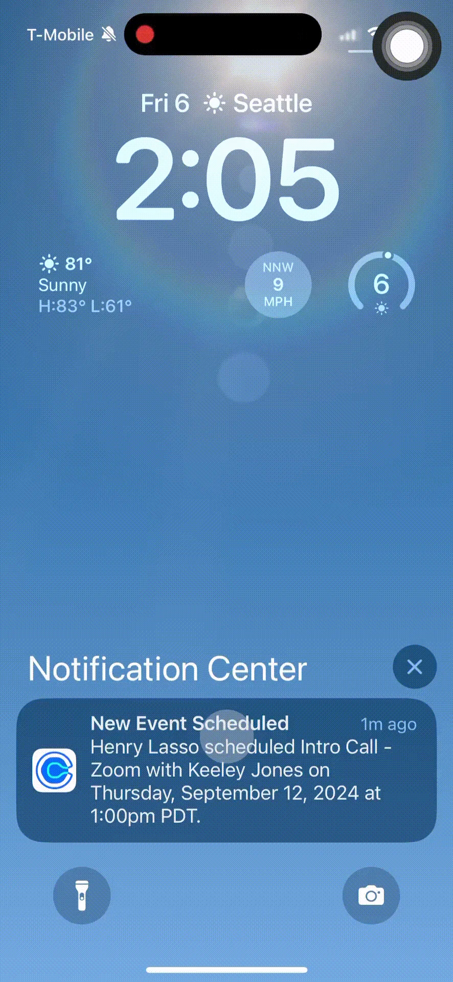 GIF showing a New Event Scheduled notification from Calendly on a smartphone home screen. The user opens the notification and sees the meeting details in their Calendly mobile app.