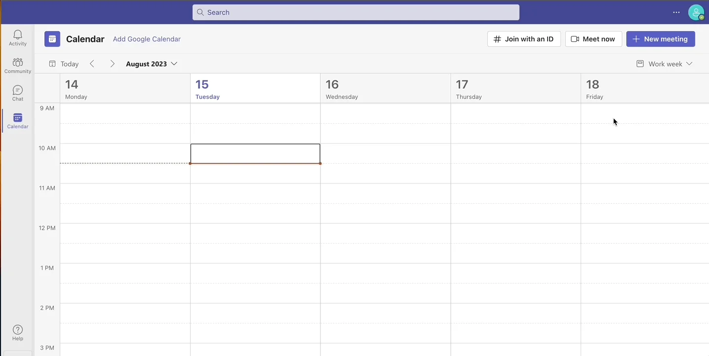 GIF showing a user creating a new meeting from their Microsoft Teams calendar, including adding a required attendee.