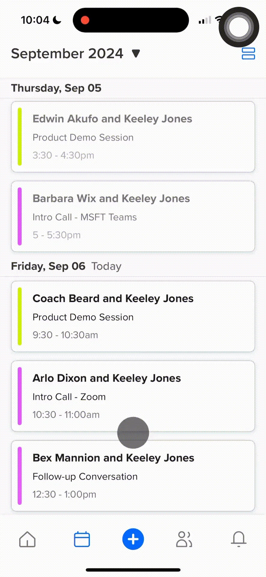 GIF showing a user on the Calendly mobile app clicking into the Meetings tab, selecting an upcoming meeting, then clicking through the Manage meeting and Join meeting options.
