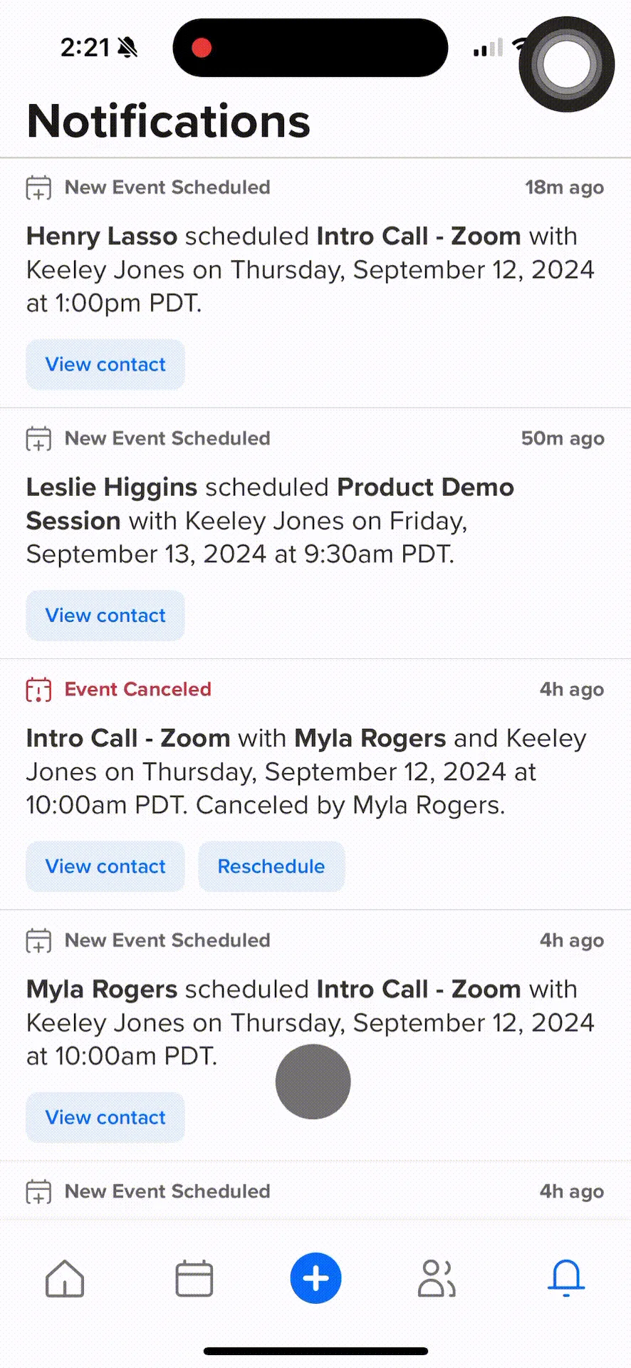 GIF showing the notification center in the Calendly mobile app. The user taps on "Reschedule" under a canceled event and is shown two options: Reschedule on behalf of invitee or Share rescheduling link.
