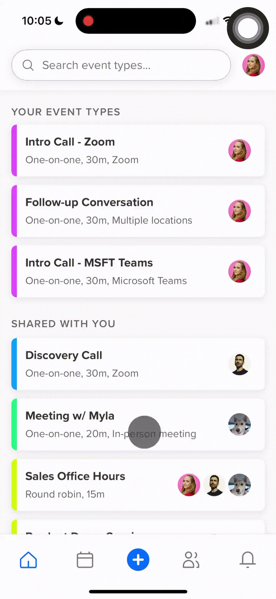 GIF showing a user in the Calendly mobile app selecting an Event Type, choosing More share options, then clicking Create QR code, which generates a QR code.